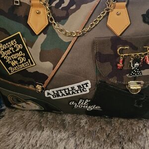 Camouflage Patchwork Tote with Tan Trim and Gold Chain